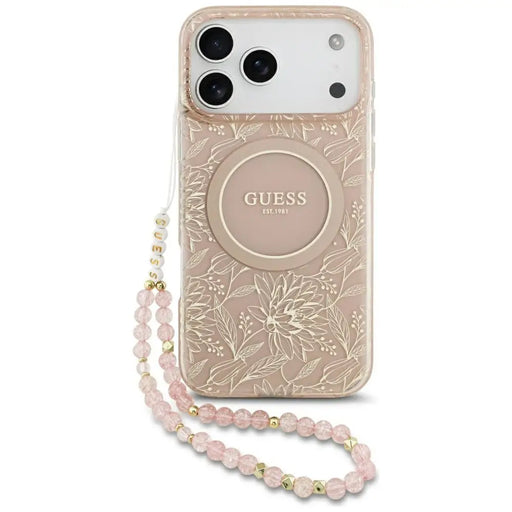 Guess IML Flowers Electro Pearl Strap MagSafe Case for iPhone 17 Pro Max - Pink - Cell phone cases