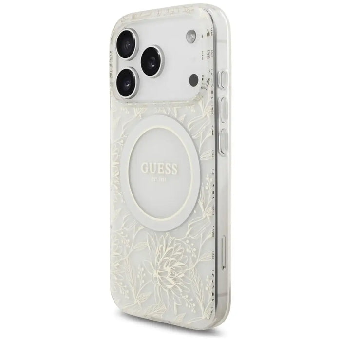 Guess IML Flowers Electro Pearl Strap MagSafe Case for iPhone 17 Pro - White - Cell phone cases and covers<<<HurtelXML