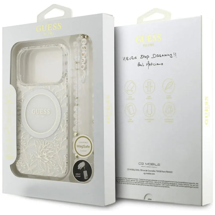 Guess IML Flowers Electro Pearl Strap MagSafe Case for iPhone 17 Pro - White - Cell phone cases and covers<<<HurtelXML