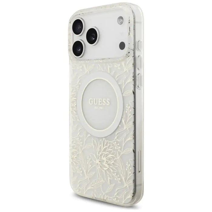 Guess IML Flowers Electro Pearl Strap MagSafe Case for iPhone 17 Pro Max - White - Cell phone cases