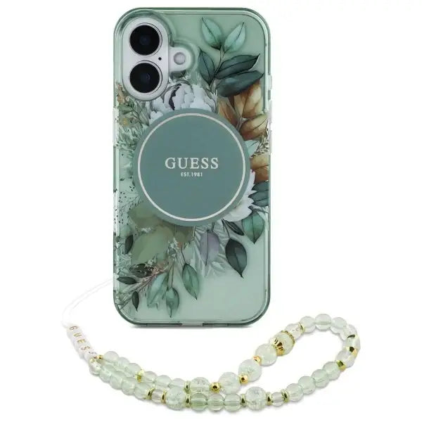 Guess IML Flowers With Pearl Strap MagSafe case for iPhone 16 Plus - green - Cell phone cases and covers<<<HurtelXML