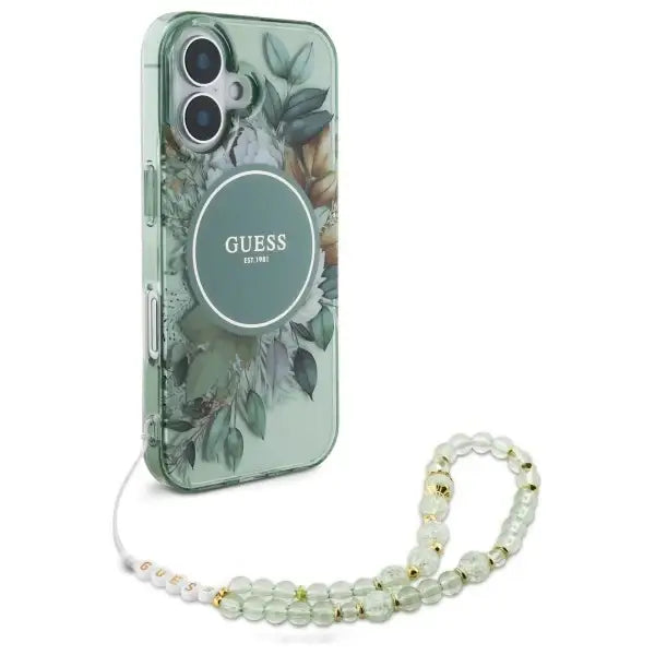 Guess IML Flowers With Pearl Strap MagSafe case for iPhone 16 Plus - green - Cell phone cases and covers<<<HurtelXML