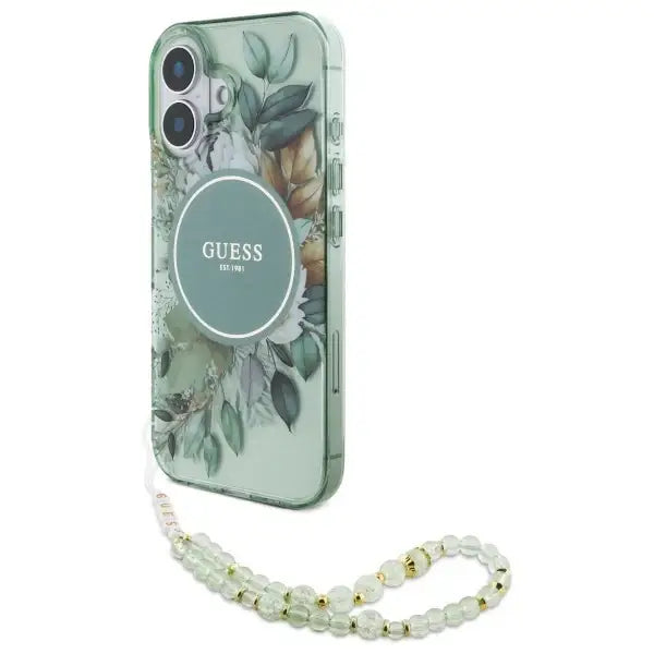 Guess IML Flowers With Pearl Strap MagSafe case for iPhone 16 Plus - green - Cell phone cases and covers<<<HurtelXML