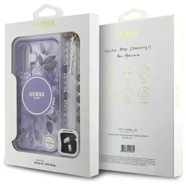 Guess IML Flowers With Pearl Strap MagSafe case for iPhone 16 Plus - purple - Cell phone cases and covers<<<HurtelXML