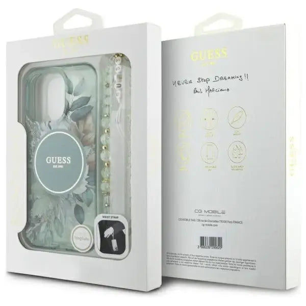 Guess IML Flowers With Pearl Strap MagSafe case for iPhone 16 Pro - green - Cell phone cases and covers<<<HurtelXML