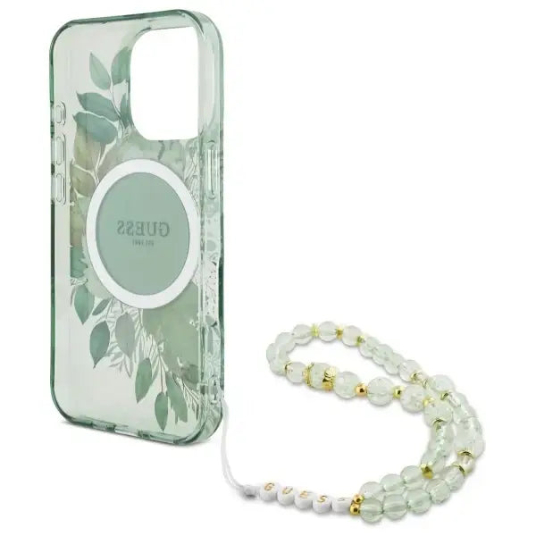 Guess IML Flowers With Pearl Strap MagSafe case for iPhone 16 Pro - green - Cell phone cases and covers<<<HurtelXML
