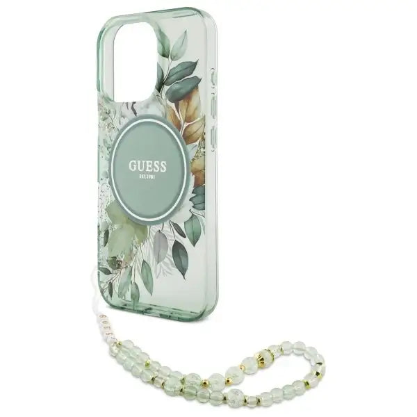 Guess IML Flowers With Pearl Strap MagSafe case for iPhone 16 Pro - green - Cell phone cases and covers<<<HurtelXML
