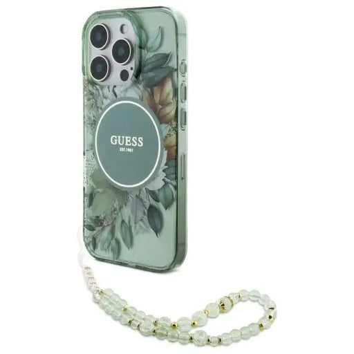 Guess IML Flowers With Pearl Strap MagSafe case for iPhone 16 Pro - green - Cell phone cases and covers<<<HurtelXML