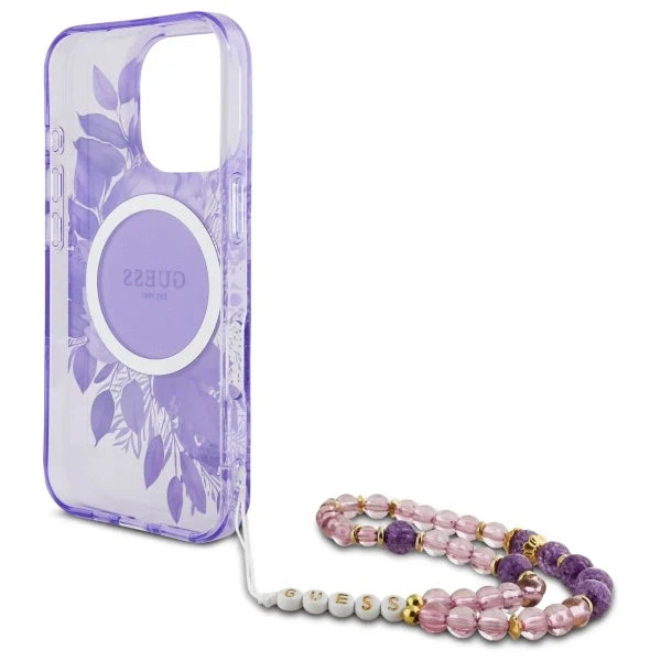 Guess IML Flowers With Pearl Strap MagSafe case for iPhone 16 Pro Max - purple - Cell phone cases and covers<<<HurtelXML