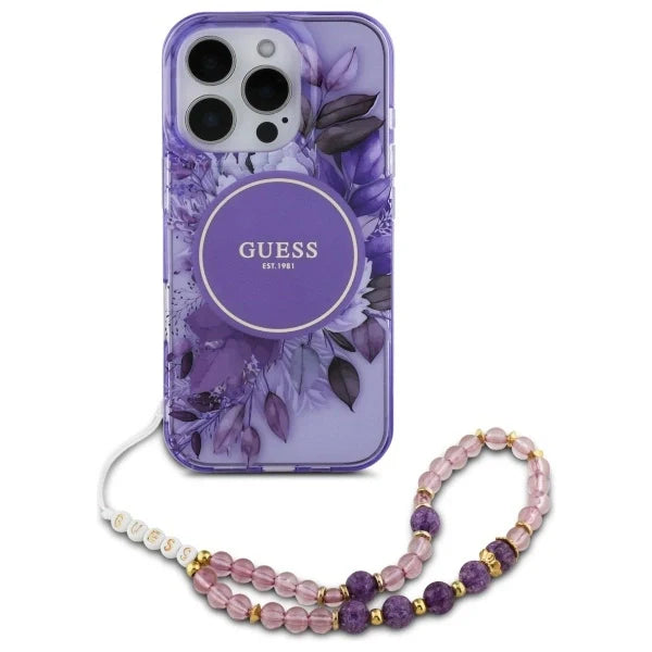 Guess IML Flowers With Pearl Strap MagSafe case for iPhone 16 Pro Max - purple - Cell phone cases and covers<<<HurtelXML