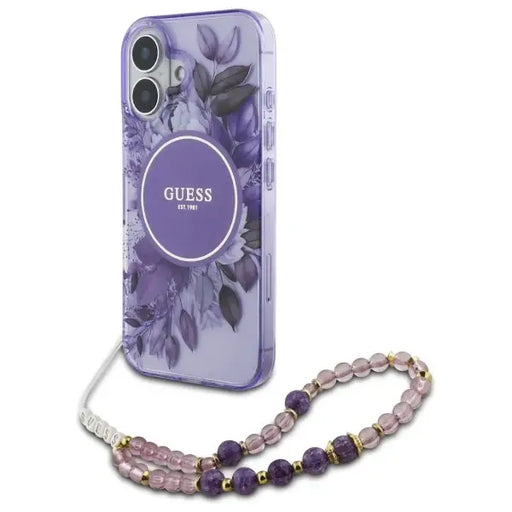 Guess IML Flowers With Pearl Strap MagSafe case for iPhone 16 - purple - Cell phone cases and covers<<<HurtelXML