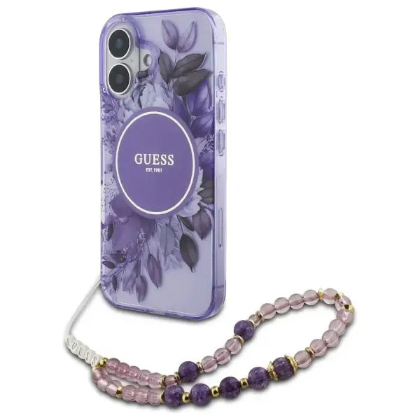 Guess IML Flowers With Pearl Strap MagSafe case for iPhone 16 - purple - Cell phone cases and covers<<<HurtelXML