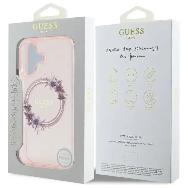 Guess IML Flowers Wreath MagSafe iPhone 16 Case - Pink - Cell phone cases and covers<<<HurtelXML