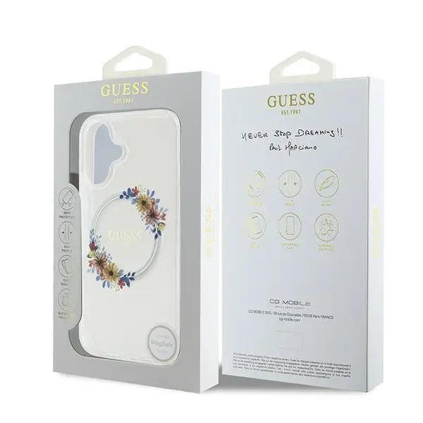 Guess IML Flowers Wreath MagSafe iPhone 16 Plus Case - Clear - Cell phone cases and covers<<<HurtelXML