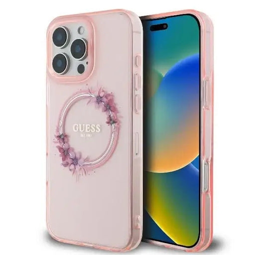 Guess IML Flowers Wreath MagSafe iPhone 16 Pro Case - Pink - Cell phone cases and covers<<<HurtelXML
