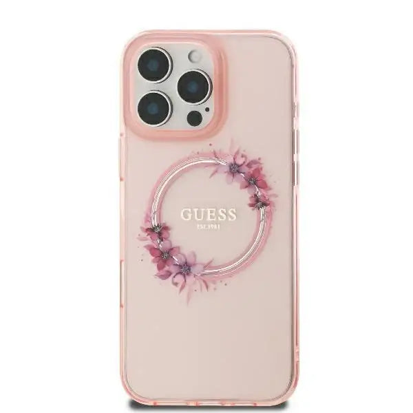 Guess IML Flowers Wreath MagSafe iPhone 16 Pro Case - Pink - Cell phone cases and covers<<<HurtelXML