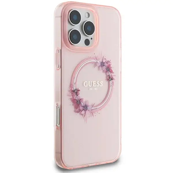 Guess IML Flowers Wreath MagSafe iPhone 16 Pro Max Case - Pink - Cell phone cases and covers<<<HurtelXML