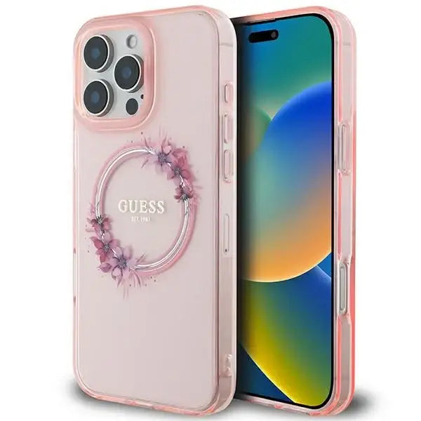 Guess IML Flowers Wreath MagSafe iPhone 16 Pro Max Case - Pink - Cell phone cases and covers<<<HurtelXML