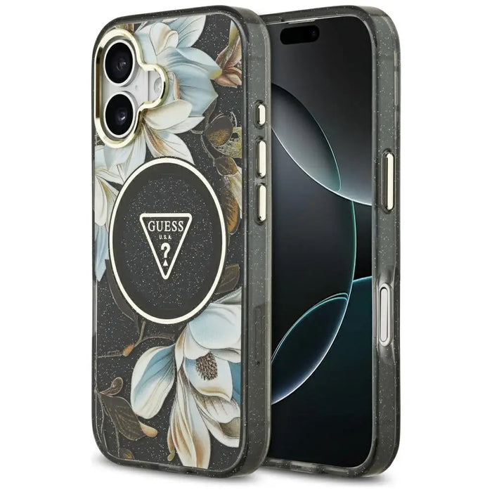 Guess IML Glitter Flowers Triangle MagSafe case for iPhone 17 - black - Cell phone cases and covers<<<HurtelXML