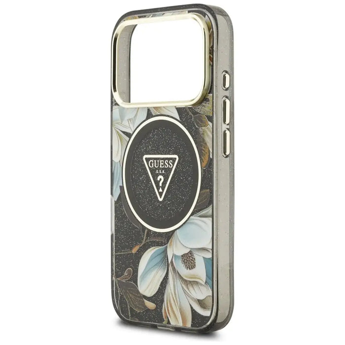 Guess IML Glitter Flowers Triangle MagSafe case for iPhone 17 Pro - black - Cell phone cases and covers<<<HurtelXML