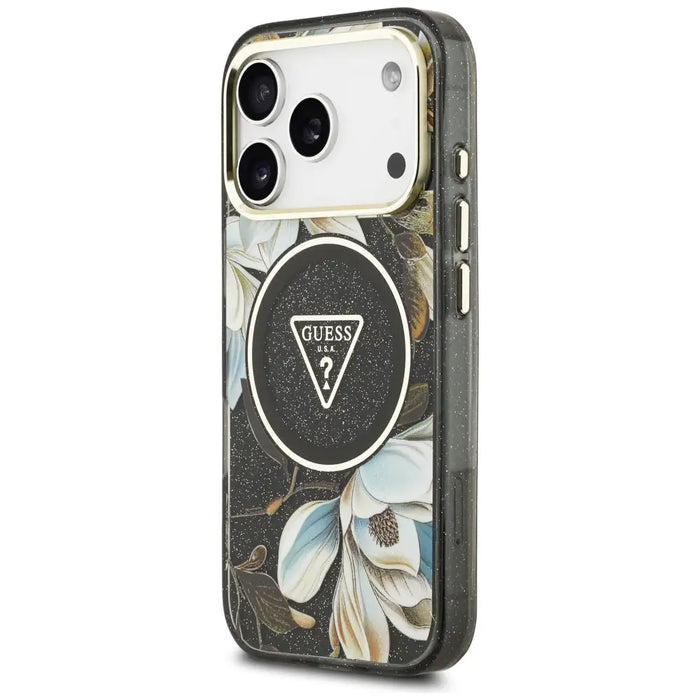 Guess IML Glitter Flowers Triangle MagSafe case for iPhone 17 Pro - black - Cell phone cases and covers<<<HurtelXML