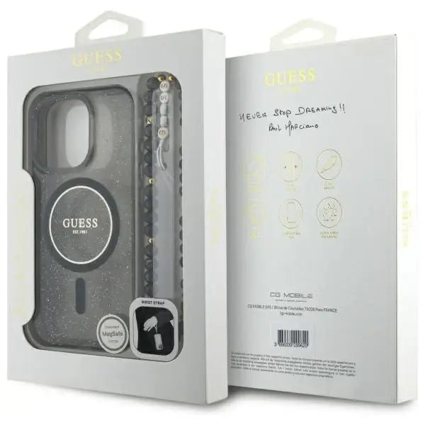 Guess IML Glitter With Pearl Strap MagSafe case for iPhone 16 Pro - black - Cell phone cases and covers<<<HurtelXML
