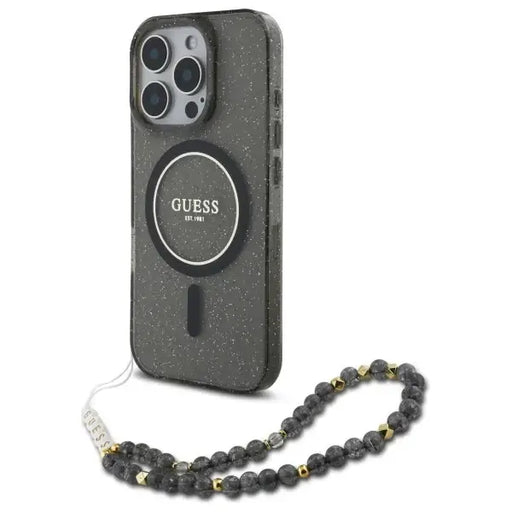 Guess IML Glitter With Pearl Strap MagSafe case for iPhone 16 Pro - black - Cell phone cases and covers<<<HurtelXML