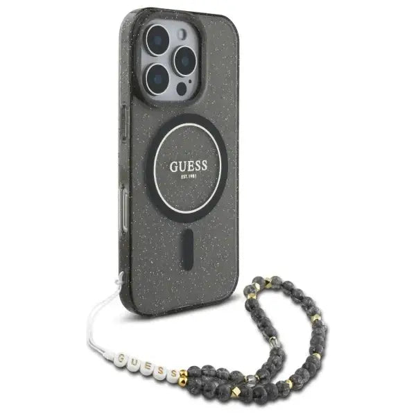 Guess IML Glitter With Pearl Strap MagSafe Case for iPhone 16 Pro Max - Black - Cell phone cases and covers<<<HurtelXML