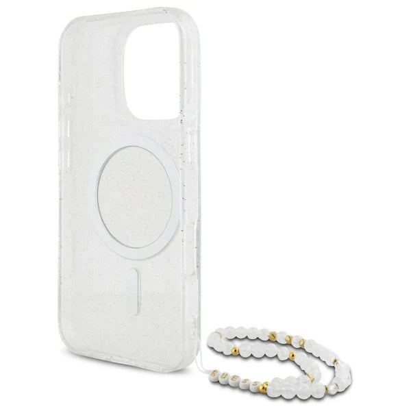 Guess IML Glitter With Pearl Strap MagSafe iPhone 16 Pro Case - Clear - Cell phone cases and covers<<<HurtelXML
