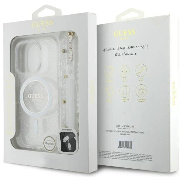 Guess IML Glitter With Pearl Strap MagSafe iPhone 16 Pro Case - Clear - Cell phone cases and covers<<<HurtelXML