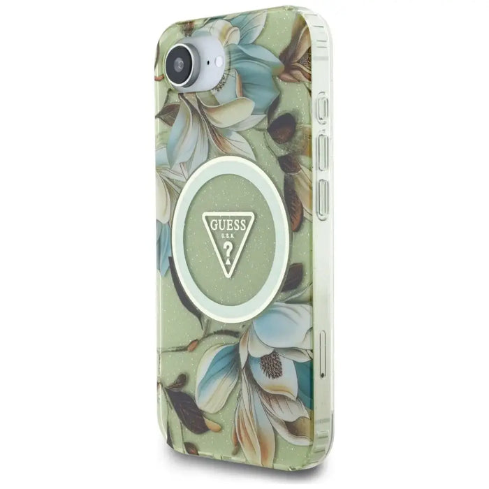 Guess IML Metal Glitter Flowers Triangle MagSafe iPhone 16e Case - Green - Cell phone cases and covers<<<HurtelXML