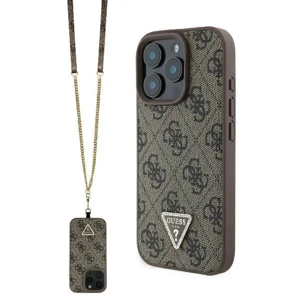 Guess Leather Metal Logo Strass Crossbody Case for iPhone 16 Pro - Brown - Cell phone cases and covers<<<HurtelXML