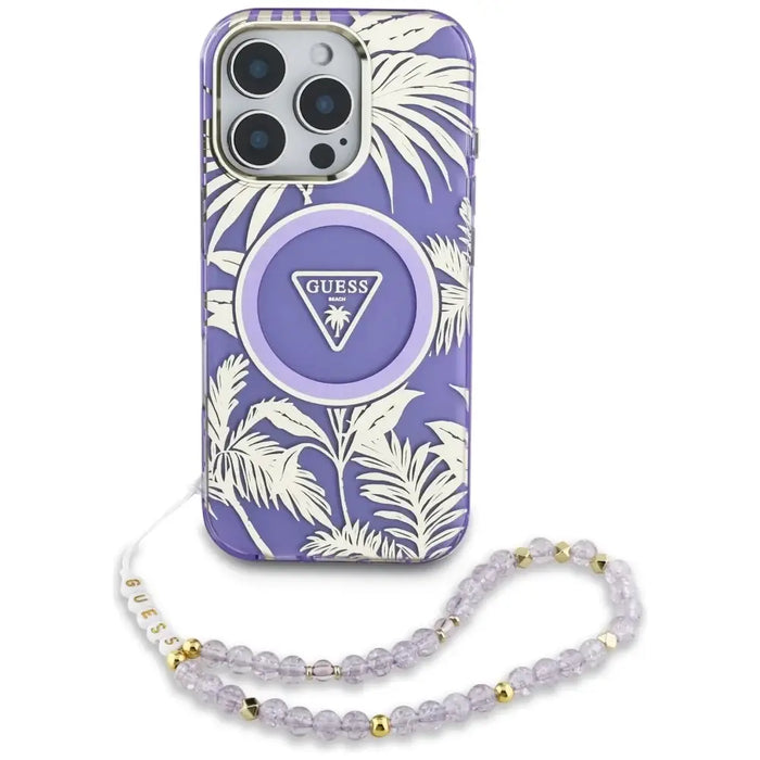 Guess Palm Trees Triangle Pearl Strap MagSafe Case for iPhone 16 Pro Max Purple - Cell phone cases