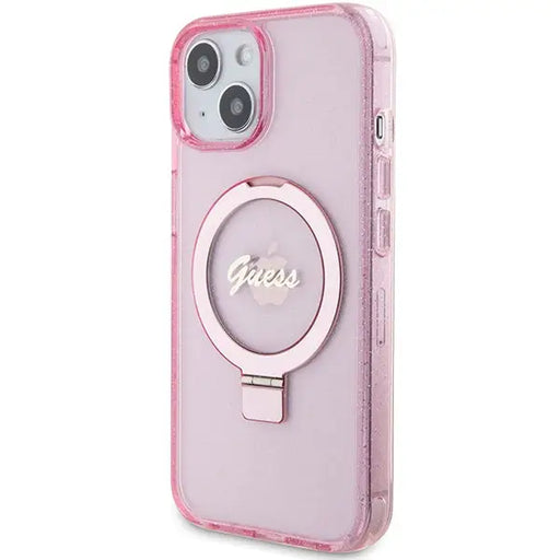 Guess Ring Stand Script Glitter MagSafe case for iPhone 15 Plus / 14 Plus - pink - Cell phone cases