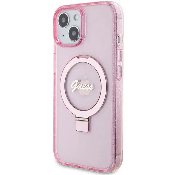 Guess Ring Stand Script Glitter MagSafe case for iPhone 15 Plus / 14 Plus - pink - Cell phone cases