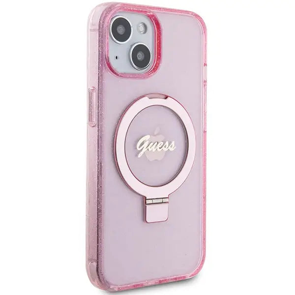 Guess Ring Stand Script Glitter MagSafe case for iPhone 15 Plus / 14 Plus - pink - Cell phone cases