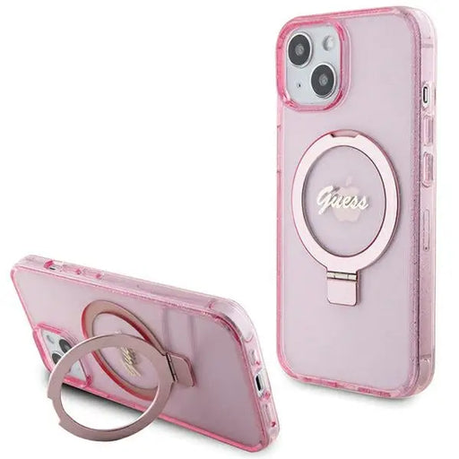 Guess Ring Stand Script Glitter MagSafe case for iPhone 15 Plus / 14 Plus - pink - Cell phone cases