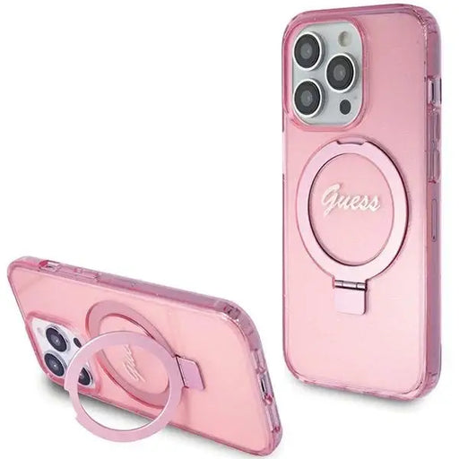 Guess Ring Stand Script Glitter MagSafe case for iPhone 15 Pro Max - pink - Cell phone cases and covers<<<HurtelXML