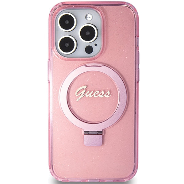 Guess Ring Stand Script Glitter MagSafe case for iPhone 15 Pro - pink - Cell phone cases and covers<<<HurtelXML