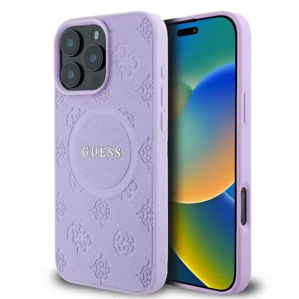 Guess Saffiano Peony Classic Logo MagSafe iPhone 16 Pro Case - Purple - Cell phone cases and covers<<<HurtelXML