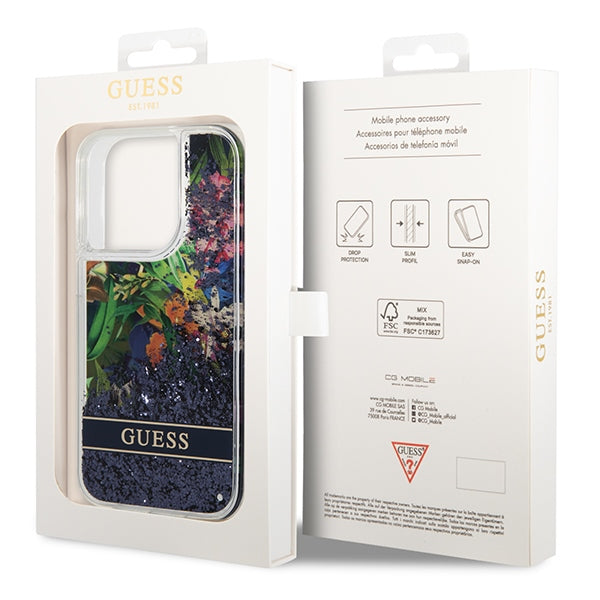 Guess GUHCP14LLFLSB iPhone 14 Pro 6.1 "blue / blue hardcase Flower Liquid Glitter