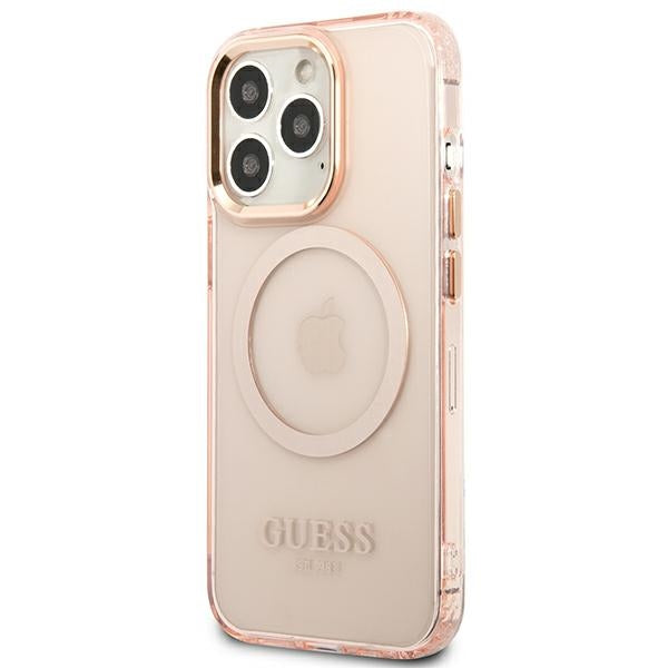 Guess Gold Outline Translucent MagSafe case for iPhone 13 Pro Max - pink
