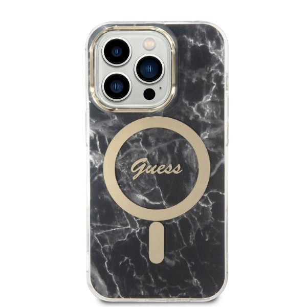 Set Guess GUBPP14LHMEACSK Case+ Charger iPhone 14 Pro 6.1" black/black hard case Marble MagSafe