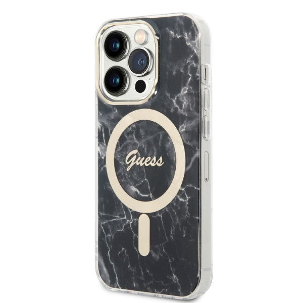 Set Guess GUBPP14LHMEACSK Case+ Charger iPhone 14 Pro 6.1" black/black hard case Marble MagSafe