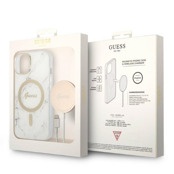 Set Guess GUBPP14MHMEACSH Case+ Charger iPhone 14 Plus 6.7" white/white hard case Marble MagSafe
