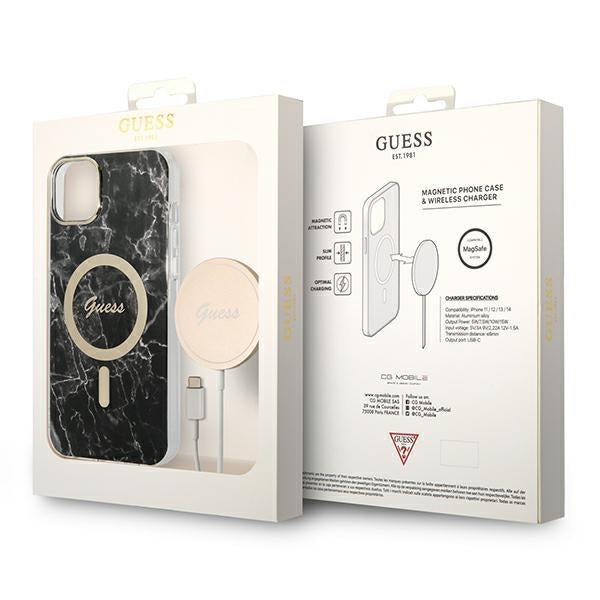 Set Guess GUBPP14MHMEACSK Case+ Charger iPhone 14 Plus 6.7" black/black hard case Marble MagSafe