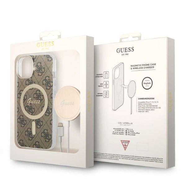 Set Guess GUBPP14SH4EACSW Case+ Charger iPhone 14 6.1" brown/brown hard case 4G Print MagSafe
