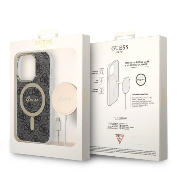 Set Guess GUBPP14XH4EACSK Case+ Charger iPhone 14 Pro Max 6.7" black/black hard case 4G Print MagSafe