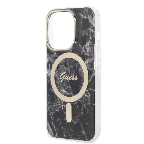 Set Guess GUBPP14XHMEACSK Case+ Charger iPhone 14 Pro Max 6.7" black/black hard case Marble MagSafe