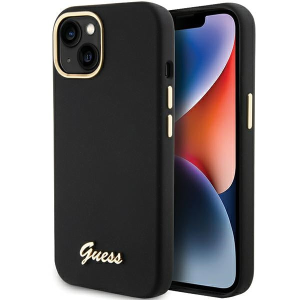 Guess Silicone Script Metal Logo &amp; Frame case for iPhone 15 - black